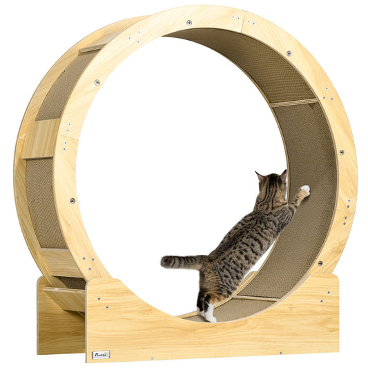 TailEssentials, PawHut Cat Wheel for Indoor Cats, 36" Cat Treadmill with Scratching Pads, Cat Exercise Running Wheel with Brake for Health and Fitness, Oak