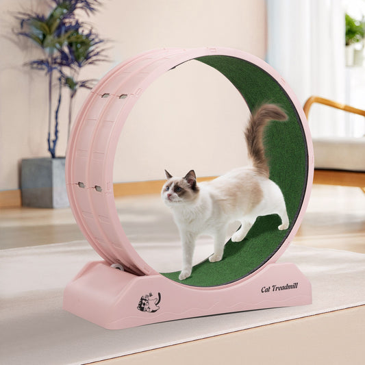 TailEssentials, Cat Running Wheel, Small Animal Exercise Treadmill w/ Locking Mechanism, Carpet Runway, Cat Teaser Toy, Indoor, Pink