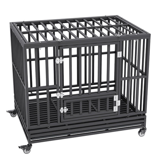 3-Door Heavy Duty Dog Kennel for Medium to Large Dogs with Lockable Wheels and Removable Tray, High Anxiety Dog Crate for Indoor & Outdoor