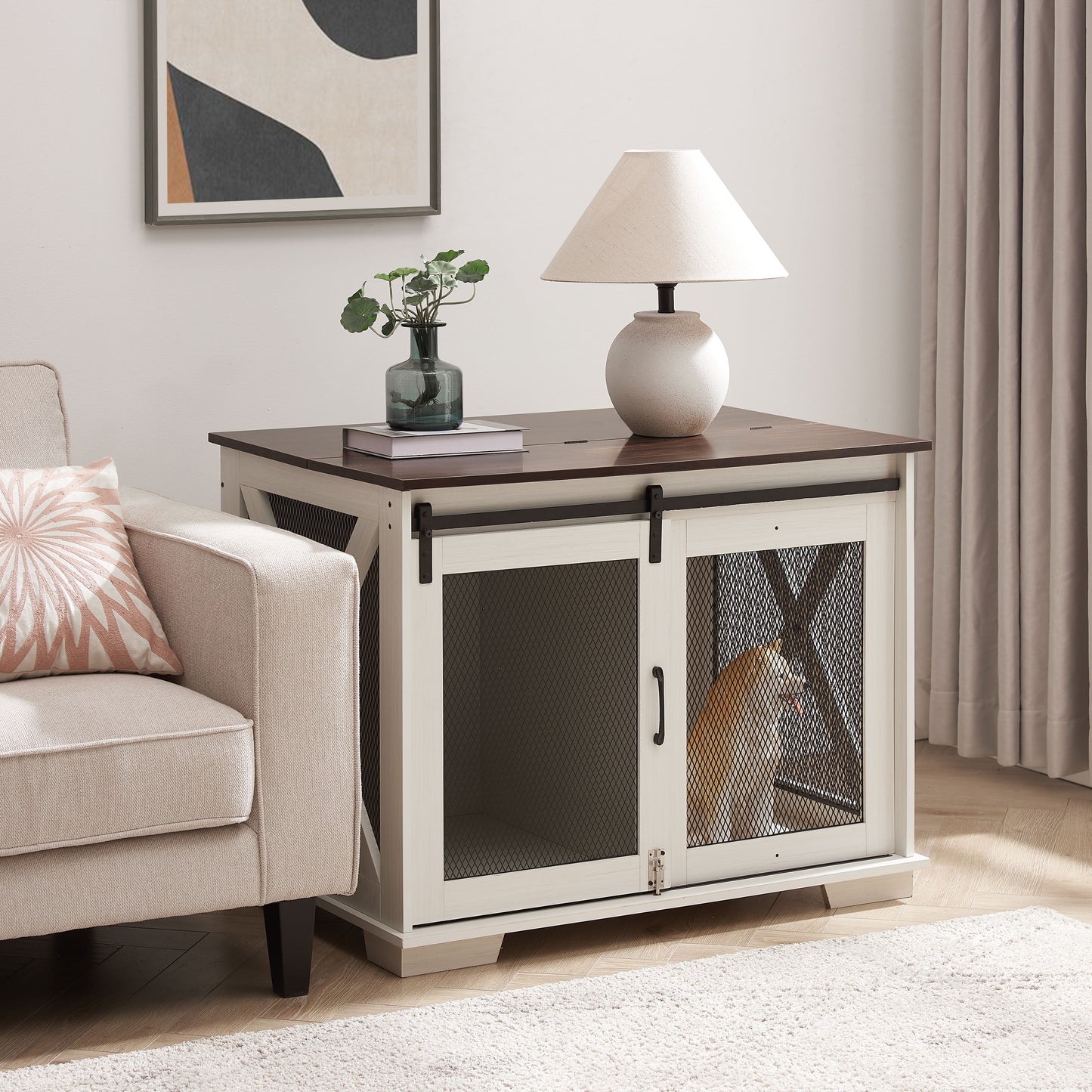 Farmhouse Dog Cage Crate Furniture with Sliding Barn Door