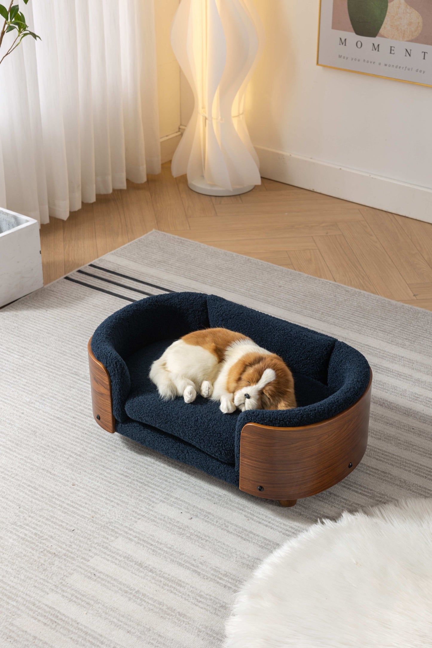 Scandinavian style Elevated Dog Bed Pet Sofa With Solid Wood legs and Walnut Bent Wood Back, Cashmere Cushion,Small Size
