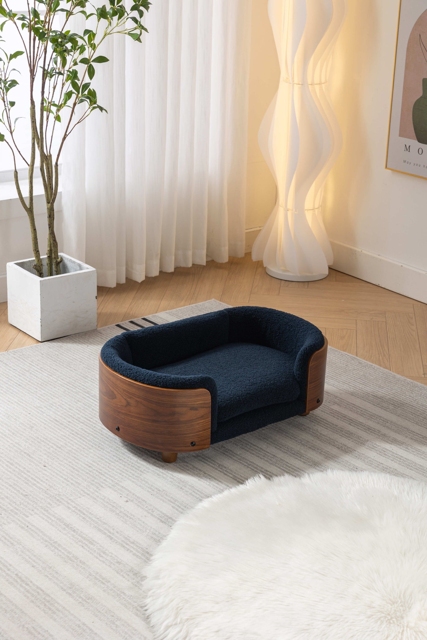 Scandinavian style Elevated Dog Bed Pet Sofa With Solid Wood legs and Walnut Bent Wood Back, Cashmere Cushion,Small Size