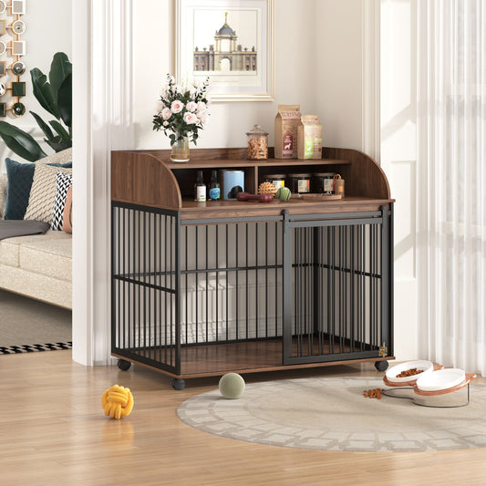Wooden Dog Crate Dog Kennel, End Table Crate with Double layer storage, Brown