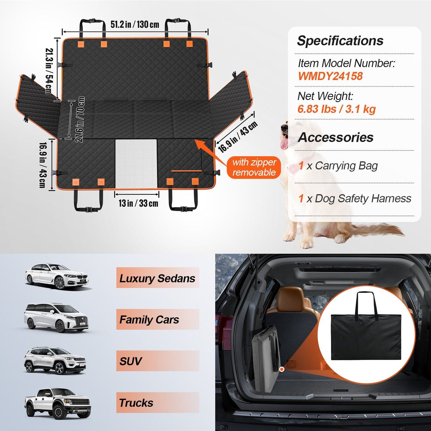 Dog Car Seat Cover for Back Seat Waterproof 600D for SUV