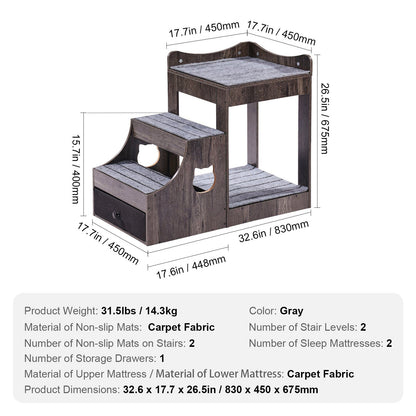 Pet Bunk Bed with Stairs Dog/Cat Window Perch with Storage Indoor Gray